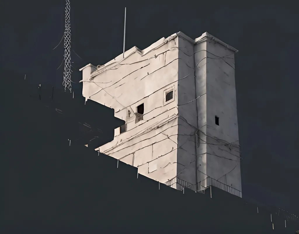 Prompt: a tower in the zombie world, area of defense for the living, automatic guns guarding the fence, surrounding electrical network, soldiers guarding, armored vehicle garage