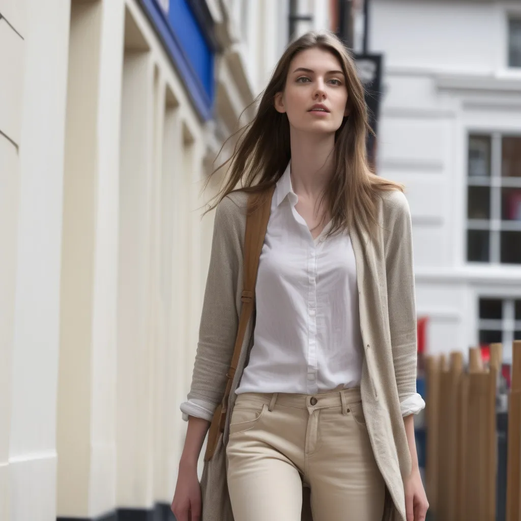 Prompt: Tall young woman walking down the high street, detailed clothing, realistic, natural lighting