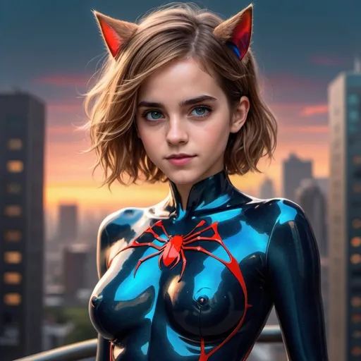Prompt: highest quality digital art, samdoesart, artstation, half length portrait of a young, cute and adorable emma watson with cat ears wearing an open red and blue ghost spider bodysuit onepiece, with a keyhole top that has a big keyhole, shows a lot of cleavage, split top, split down the middle, Show her skinny and petite (slim) (fit) physique and concentrate on her upper body against a blurred sunset sky and cloudy city background. Use a soft pastel color palette to evoke a dreamy and ethereal atmosphere. a petite, skinny and curvy young woman with a round nose, short and wavy brown hair and sharp green eyes, light skin intimidating, keyhole top, small chest, stoic, skinny waist, slim physique, petite body, beautiful eyes, with a short nose and high cheekbones, sharp features, beautiful, intimidating, pale, posed, thigh gap, symmetrical, double eyelid blue eyes, cute face, intricate hyperdetailed breathtaking colorful glamorous scenic view landscape anime girl, petite young small body, hyperdetailed intricate flying fluffy hair, stray hairs, hyperdetailed complex, Anxious, hyperdetailed glowing light, glowing sunshine, studio lighting, cinematic light, highly detailed light reflection, iridescent light reflection, beautiful shading, impressionist painting, volumetric lighting maximalist photo illustration 64k, resolution high res intricately detailed complex, key visual, precise lineart, vibrant, panoramic, cinematic, masterfully crafted, 64k resolution, beautiful, stunning, ultra detailed, expressive, hypermaximalist, colorful, rich deep color, vintage show promotional poster, glamour, anime art, fantasy art, brush strokes.
