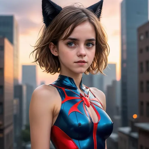 Prompt: highest quality digital art, samdoesart, artstation, half length portrait of a young, cute and adorable emma watson with cat ears wearing an open red and blue ghost spider bodysuit onepiece, with a keyhole top that has a big keyhole, shows a lot of cleavage, split top, split down the middle, Show her skinny and petite (slim) (fit) physique and concentrate on her upper body against a blurred sunset sky and cloudy city background. Use a soft pastel color palette to evoke a dreamy and ethereal atmosphere. a petite, skinny and curvy young woman with a round nose, short and wavy brown hair and sharp green eyes, light skin intimidating, keyhole top, small chest, stoic, skinny waist, slim physique, petite body, beautiful eyes, with a short nose and high cheekbones, sharp features, beautiful, intimidating, pale, posed, thigh gap, symmetrical, double eyelid blue eyes, cute face, intricate hyperdetailed breathtaking colorful glamorous scenic view landscape anime girl, petite young small body, hyperdetailed intricate flying fluffy hair, stray hairs, hyperdetailed complex, Anxious, hyperdetailed glowing light, glowing sunshine, studio lighting, cinematic light, highly detailed light reflection, iridescent light reflection, beautiful shading, impressionist painting, volumetric lighting maximalist photo illustration 64k, resolution high res intricately detailed complex, key visual, precise lineart, vibrant, panoramic, cinematic, masterfully crafted, 64k resolution, beautiful, stunning, ultra detailed, expressive, hypermaximalist, colorful, rich deep color, vintage show promotional poster, glamour, anime art, fantasy art, brush strokes.
