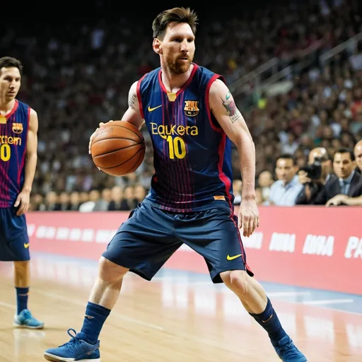 Prompt: Messi playing basketball 
