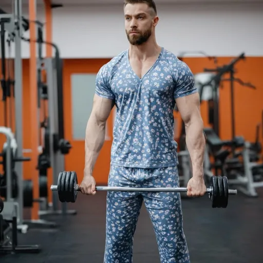 Prompt: man in the gym in pajamas training with weights