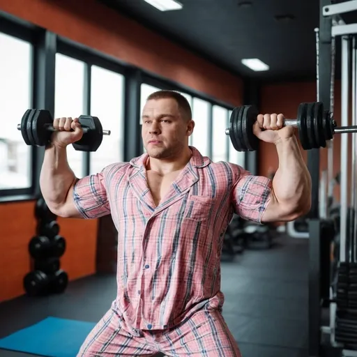 Prompt: man in the gym in pajamas large training with weights