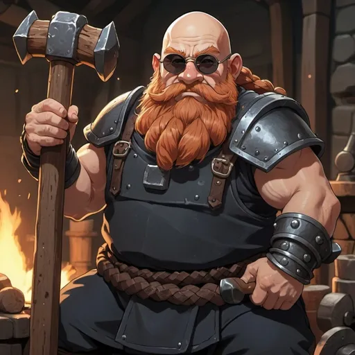 Prompt: Blacksmith male dwarf, bald, drunk, long braided ginger beard, wearing dark armor, forging a giant hammer, strong, robust, black round sunglasses glasses,detailed features, studio ghibli art style, 2D animation, high quality, anime, fantasy, detailed eyes, detailed facial features, detailed beard, detailed armor