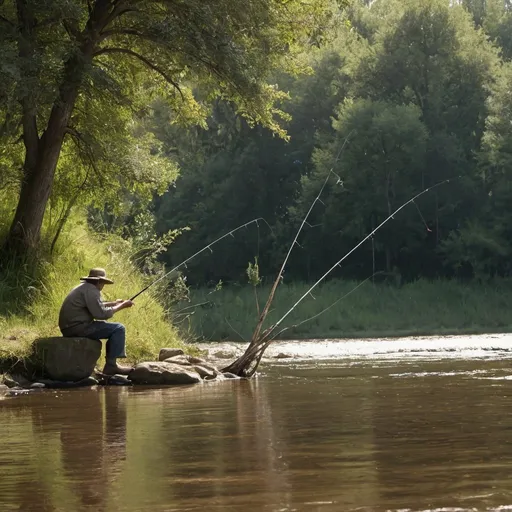 Prompt: rustic image of a man fishing from the bank of a river