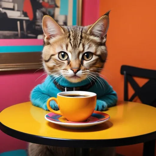 Prompt: Un gatito tierno sentado en una mesa tomando café al estilo pop art