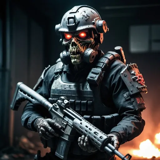 Prompt: Heavily armored SWAT zombie, shotgun, ballistic helmet with glowing red eyes, dark and gritty, intense lighting, high quality, detailed armor, cool tones, post-apocalyptic, menacing stance, urban setting, detailed decay, professional, atmospheric lighting