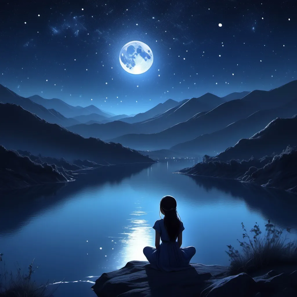 Prompt: (girl watching stars alone), (serene night sky), twinkling stars, (deep indigo hues), gentle glowing moon, (contemplative mood), (ultra-detailed), soft silhouettes of distant mountains, (whispering winds), tranquil atmosphere, starlit reflections, cozy ambiance, feeling of solitude and wonder, vast expanse of universe, ethereal beauty, (high quality) 4K.