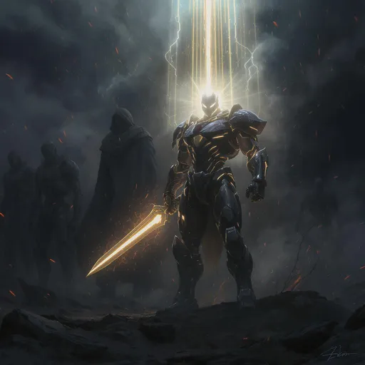 Prompt: A dramatic, cinematic sci-fi scene featuring the glowing silhouette of a lone futuristic warrior standing tall with cracked, glowing armor. Behind him, a radiant, rising light pierces a smoky, dark battlefield. The warrior holds a sleek, high-tech energy blade, symbolizing defiance and resilience. In the background, a tall cloaked figure turns away, surrounded by silent, motionless robotic soldiers. The atmosphere is tense and symbolic, with soft ambient lighting, swirling mist, scattered debris, and glowing embers floating through the air. The art style is detailed, atmospheric, and epic, with strong contrasts of light and shadow.
