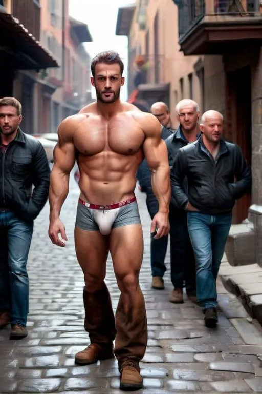 Prompt: beefy rugged man surrounded by men in underwear, man is very handsome with large biceps, cobblestone street setting, dramatic lighting, men in far distance showing off their butts