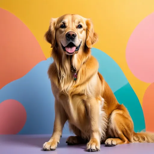 Prompt: A picture of a dog sitting with a multicoloured background and make it a golden retriever
