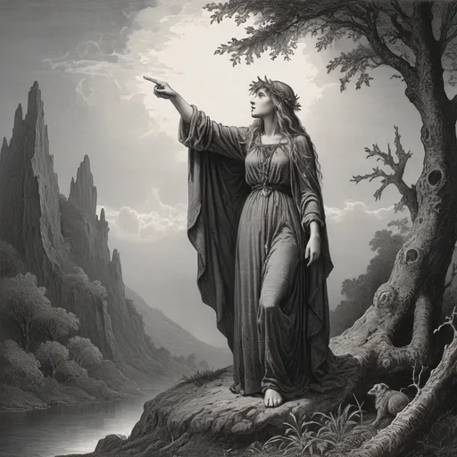 Prompt: Druidess, Gustave Dore style pointing left hand to the sky