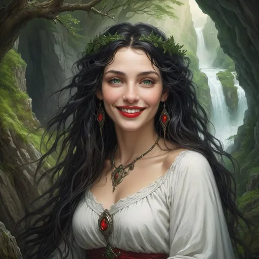 Prompt: Smiling druidess with flowing black hair, brighting green eyes, red lips, white milk skin, mystical forest backdrop, rugged cliffs, high quality, detailed, fantasy, serene lighting, nature-inspired, flowing hair, enchanting smile, magical atmosphere, Gustave Dore style, Lionel Royer style