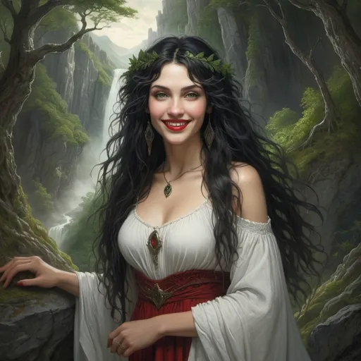 Prompt: Smiling druidess with flowing black hair, brighting green eyes, red lips, white milk skin, mystical forest backdrop, rugged cliffs, high quality, detailed, fantasy, serene lighting, nature-inspired, flowing hair, enchanting smile, magical atmosphere, Gustave Dore style, Lionel Royer style