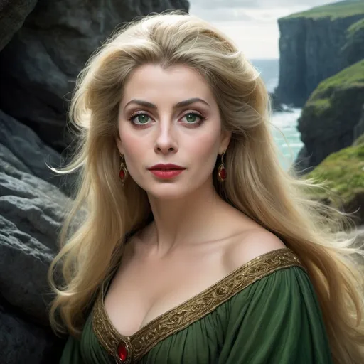 Prompt: Druidess, 23 years, Catherine Deneuve face, cynical look, with flowing black hair, brighting green eyes, red lips, white milk skin, rugged cliffs, high quality, detailed, fantasy, serene lighting, nature-inspired, flowing hair, enchanting smile, magical atmosphere, Gustave Dore style, Lionel Royer style
