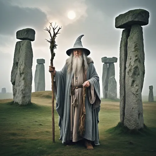 Prompt: Gandalf druid at Stonehenge, ancient druidic ritual, mystical atmosphere, magical staff, flowing robes, weathered stone pillars, misty and mysterious, high quality, realistic, fantasy, earthy tones, mystical lighting