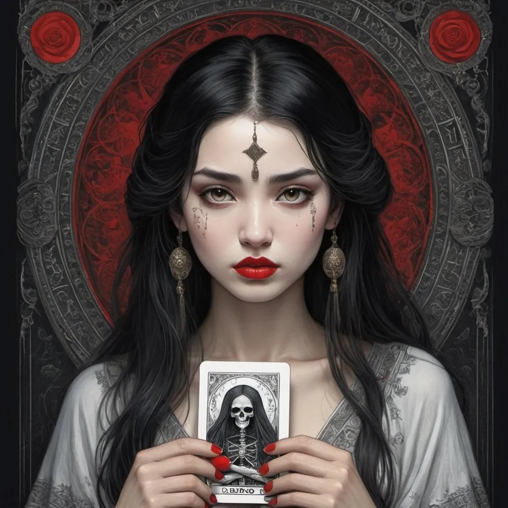 Prompt: Girl, face with oriental features, black hair, white milk skin, whole white eyes, red lips, holding death tarot card, Gustave Dore style 