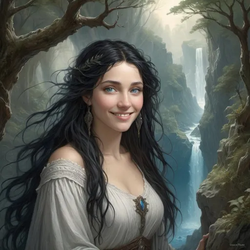 Prompt: Smiling druidess with flowing black hair, blue eyes, white milk skin, mystical forest backdrop, rugged cliffs, high quality, detailed, fantasy, serene lighting, nature-inspired, flowing hair, enchanting smile, magical atmosphere, Gustave Dore style, Lionel Royer style