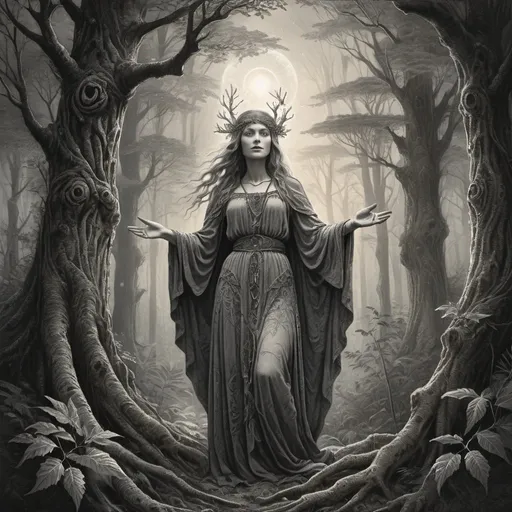 Prompt: Druidess in Gustave Dore style, intricate forest setting, mystical atmosphere, high-detail illustration, vintage art style, earthy tones, magical aura, detailed foliage, pointing right hand to the sky, ancient runes, ethereal lighting, enchanting woodland, old-world, vintage, mystical, earthy tones, detailed illustration, druidess, Black, Grey and white
