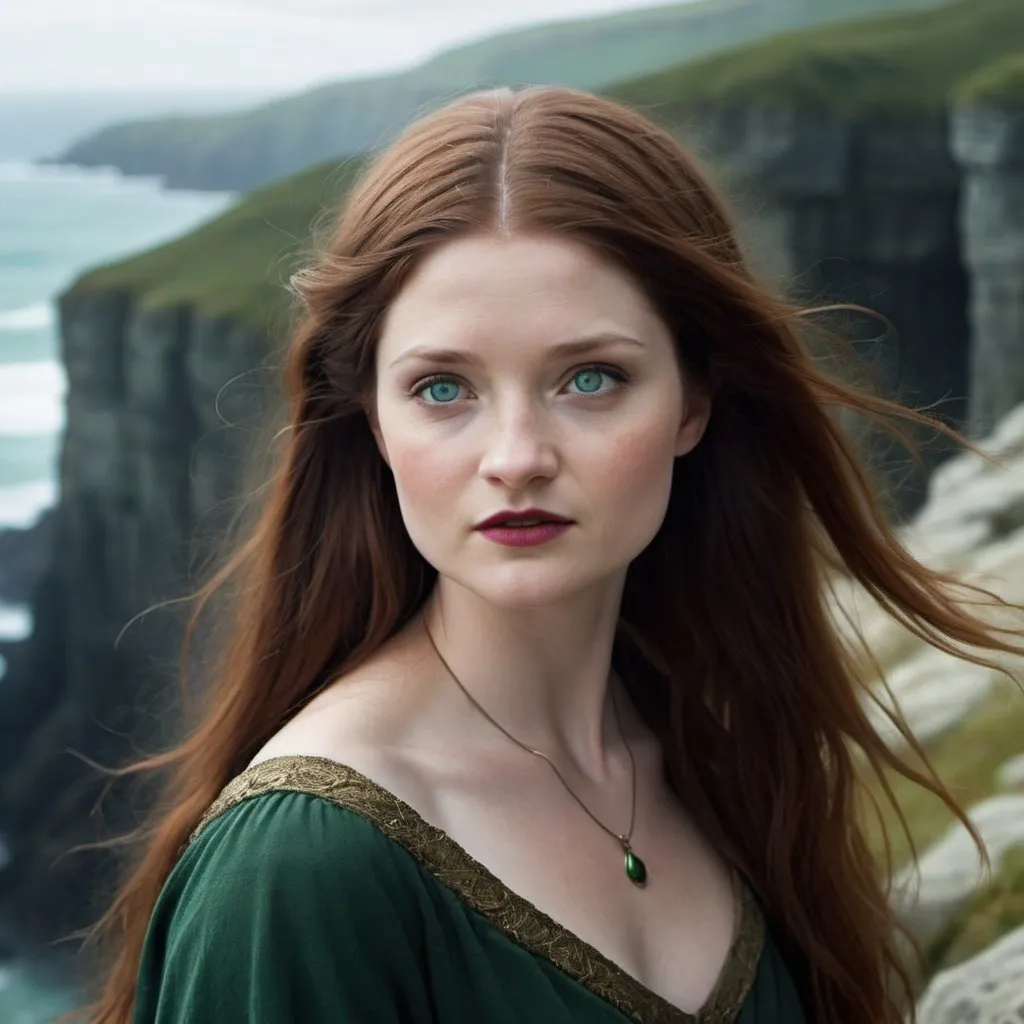 Prompt: Druidess, 23 years, Bonnie Wright face, serious look, whole body, over a cliff, with flowing black hair, brighting green eyes, red lips, white milk skin, rugged cliffs, high quality, detailed, fantasy, serene lighting, nature-inspired, flowing hair, enchanting smile, magical atmosphere, Lionel Royer style