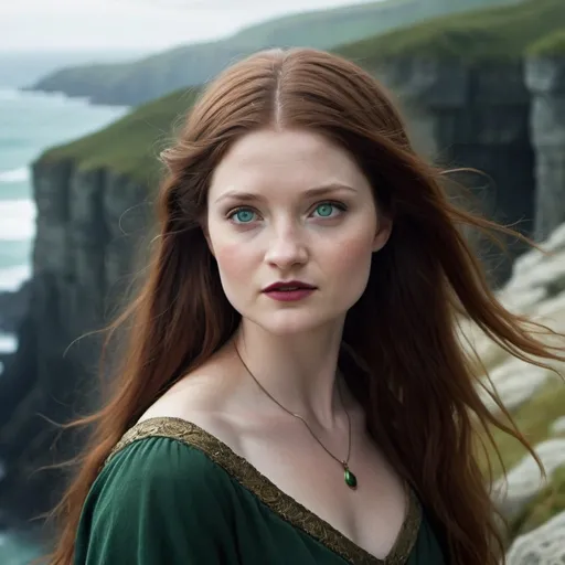 Prompt: Druidess, 23 years, Bonnie Wright face, serious look, whole body, over a cliff, with flowing black hair, brighting green eyes, red lips, white milk skin, rugged cliffs, high quality, detailed, fantasy, serene lighting, nature-inspired, flowing hair, enchanting smile, magical atmosphere, Lionel Royer style