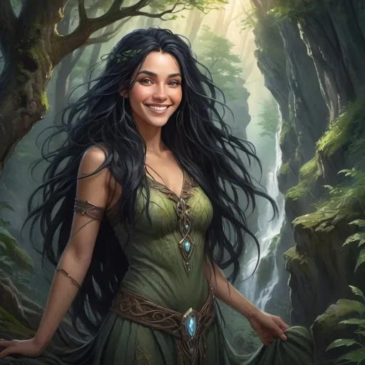 Prompt: Smiling druidess with flowing black hair, mystical forest backdrop, rugged cliffs, high quality, detailed, fantasy, serene lighting, nature-inspired, flowing hair, enchanting smile, magical atmosphere
