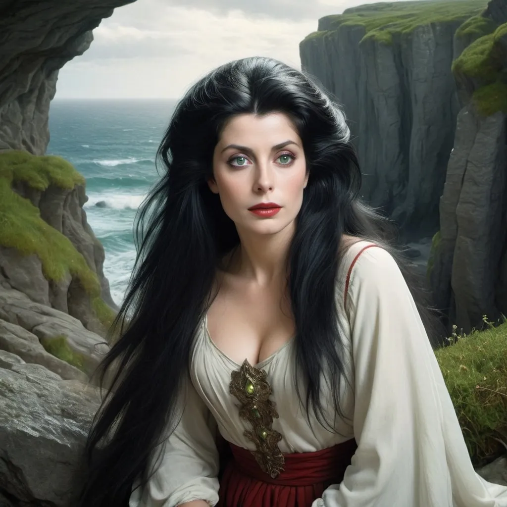 Prompt: Druidess, 23 years, Catherine Deneuve face, cynical look, with flowing black hair, brighting green eyes, red lips, white milk skin, rugged cliffs, high quality, detailed, fantasy, serene lighting, nature-inspired, flowing hair, enchanting smile, magical atmosphere, Gustave Dore style, Lionel Royer style