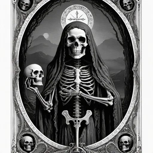 Prompt: Death tarot card in Gustave Dore style, black and white