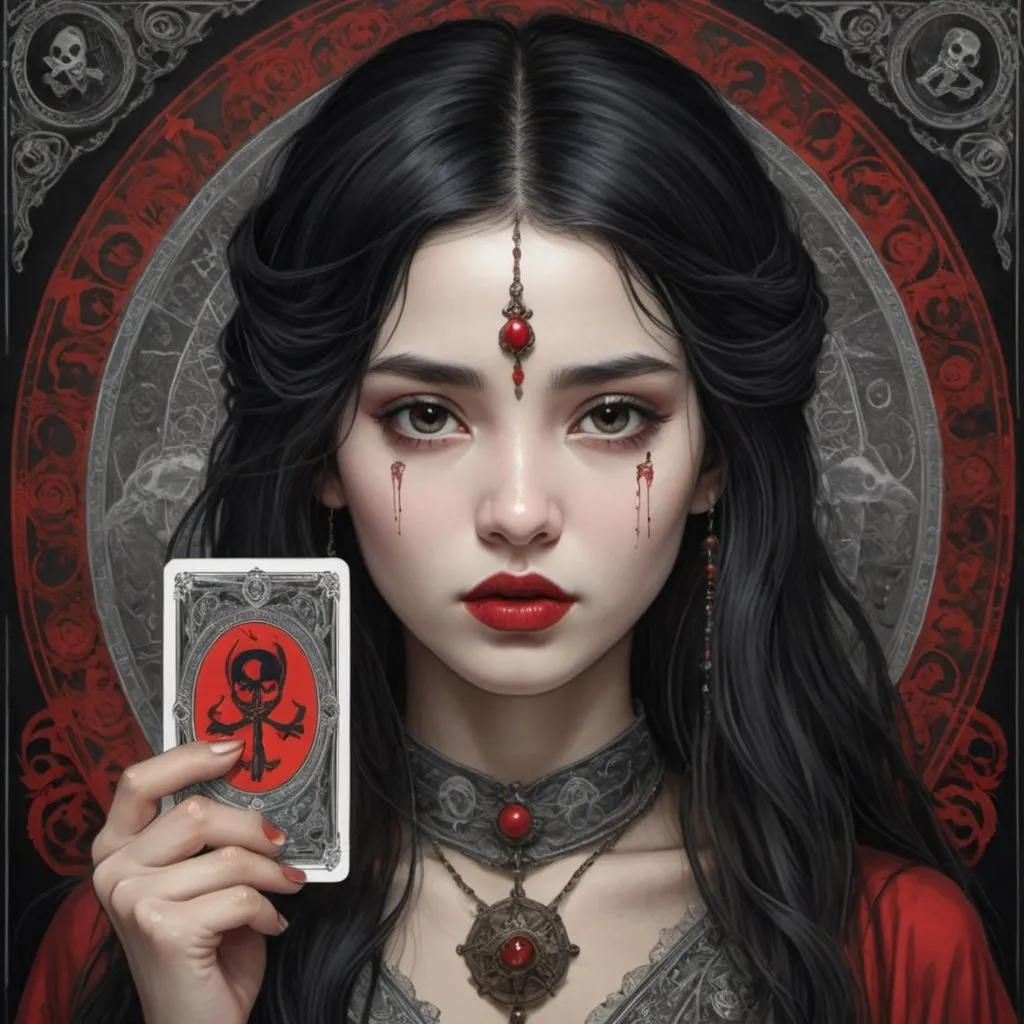 Prompt: Girl, face with oriental features, black hair, white milk skin, whole white eyes, red lips, holding death tarot card, Gustave Dore style 