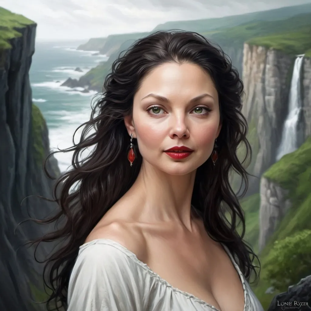 Prompt: Druidess, 23 years, Ashley Judd face, serious look, whole body, over a cliff, with flowing black hair, brighting green eyes, red lips, white milk skin, rugged cliffs, high quality, detailed, fantasy, serene lighting, nature-inspired, flowing hair, enchanting smile, magical atmosphere, Lionel Royer style, black and white art