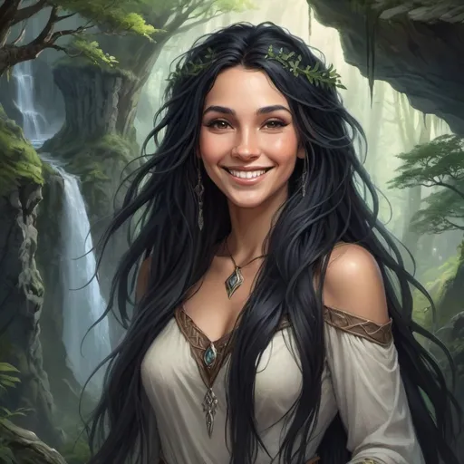 Prompt: Smiling druidess with flowing black hair, mystical forest backdrop, rugged cliffs, high quality, detailed, fantasy, serene lighting, nature-inspired, flowing hair, enchanting smile, magical atmosphere