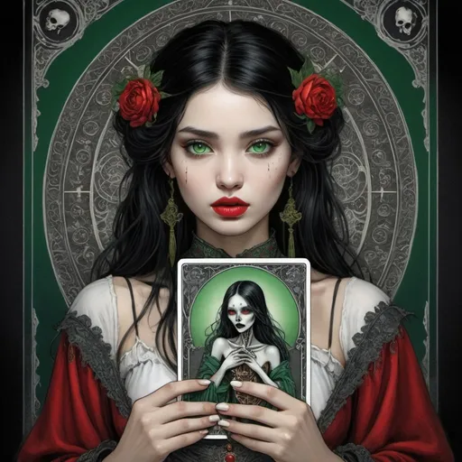 Prompt: Girl, face with oriental features, black hair, white milk skin, green eyes, red lips, holding death tarot card, Gustave Dore style 