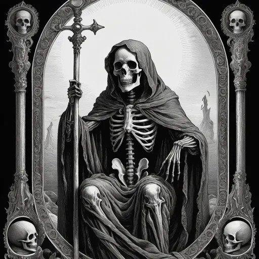 Prompt: Death tarot card in Gustave Dore style, black and white