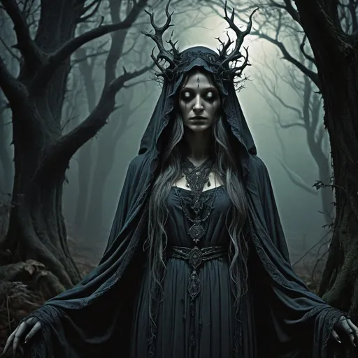 Prompt: Dark druidess, Gustave Dore style, detailed flowing robes, mystical forest setting, haunting atmosphere, intricate line work, high contrast, dramatic lighting, detailed facial features, eerie, gothic, sinister color tones, best quality, highres, detailed robes, haunting, gothic, dramatic lighting