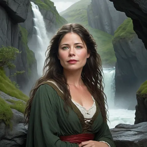 Prompt: Druidess, 23 years, Maura Tierney face, cynical look, with flowing black hair, brighting green eyes, red lips, white milk skin, rugged cliffs, high quality, detailed, fantasy, serene lighting, nature-inspired, flowing hair, enchanting smile, magical atmosphere, Gustave Dore style, Lionel Royer style