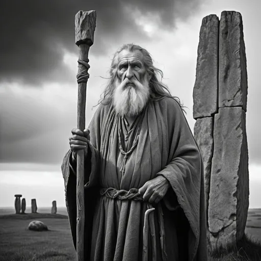 Prompt: Old druid with big beard, with a wood staff, Stonehenge landscape, Gustave Dore style, black and white, atmospheric dark, detailed facial features, highres