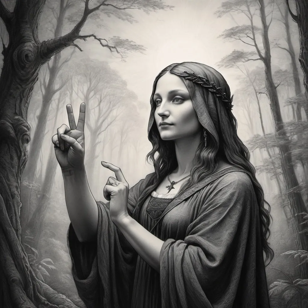 Prompt: Druidess with Mona Lisa smile pointing left index finger to the sky, Gustave Dore style, black, grey and white, detailed facial features, intricate forest background, high contrast, charcoal drawing, mystical atmosphere, ethereal lighting