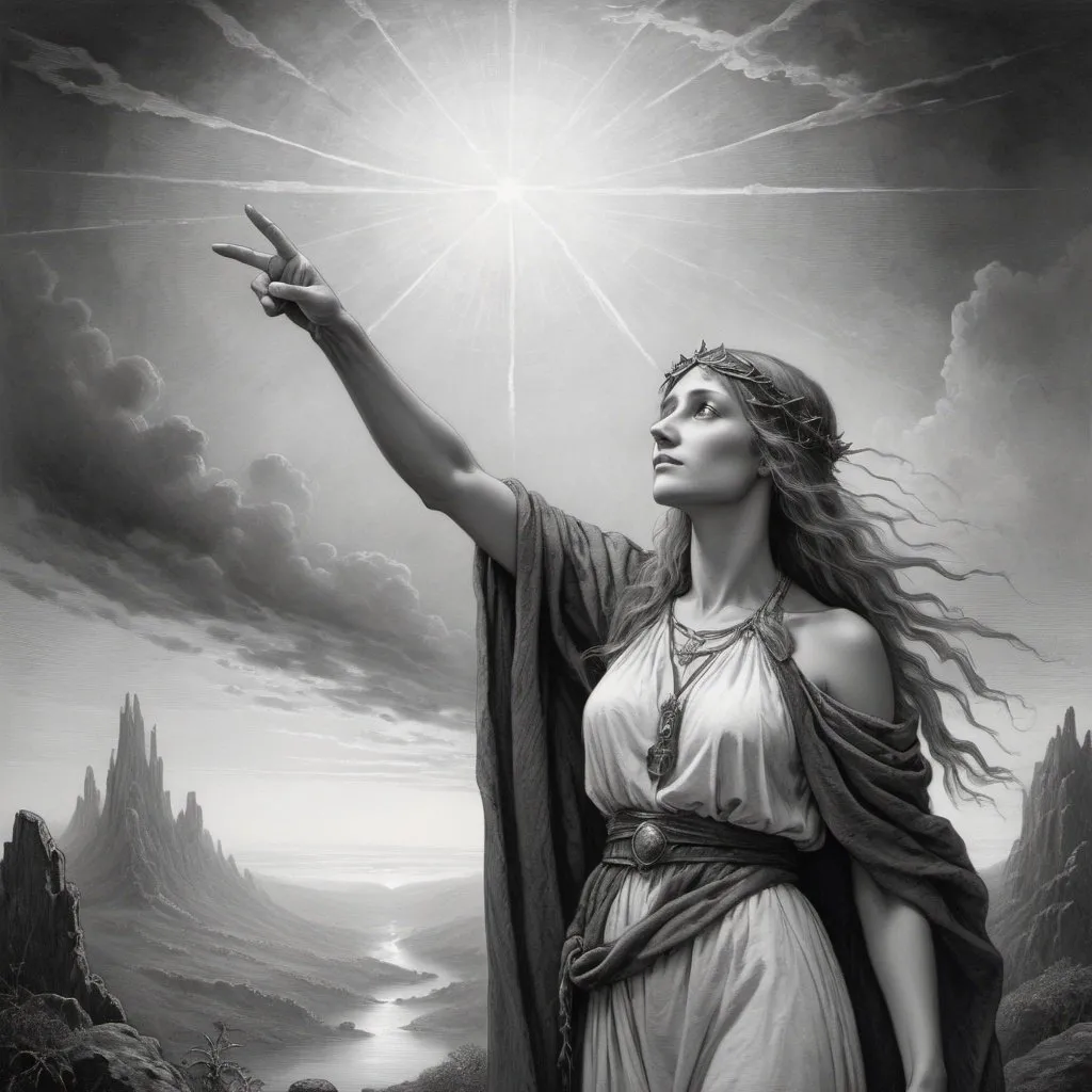 Prompt: Druidess pointing right hand to the sky, looking at me, in Gustave Dore style, black, grey and white