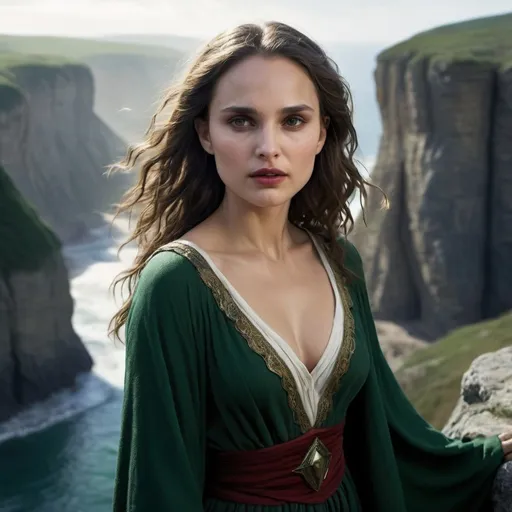 Prompt: Druidess, 23 years, Natalie Portman face, serious look, whole body, over a cliff, with flowing black hair, brighting green eyes, red lips, white milk skin, rugged cliffs, high quality, detailed, fantasy, serene lighting, nature-inspired, flowing hair, enchanting smile, magical atmosphere, Lionel Royer style