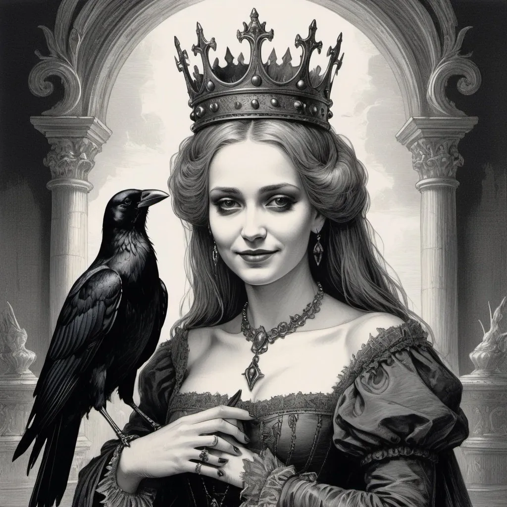 Prompt: Gothic queen,  with crown, with smile of cruelty, holding a crow, drawn in Gustave Dore style with lines shading