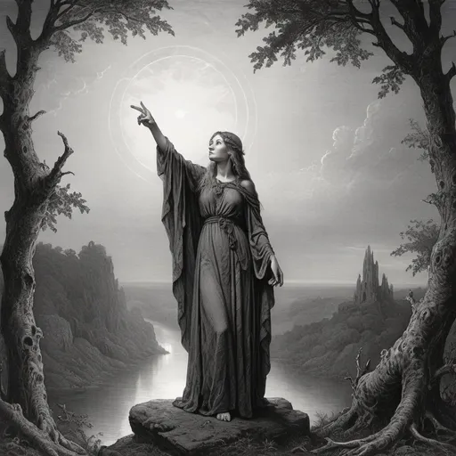 Prompt: Druidess, Gustave Dore style pointing left hand to the sky
