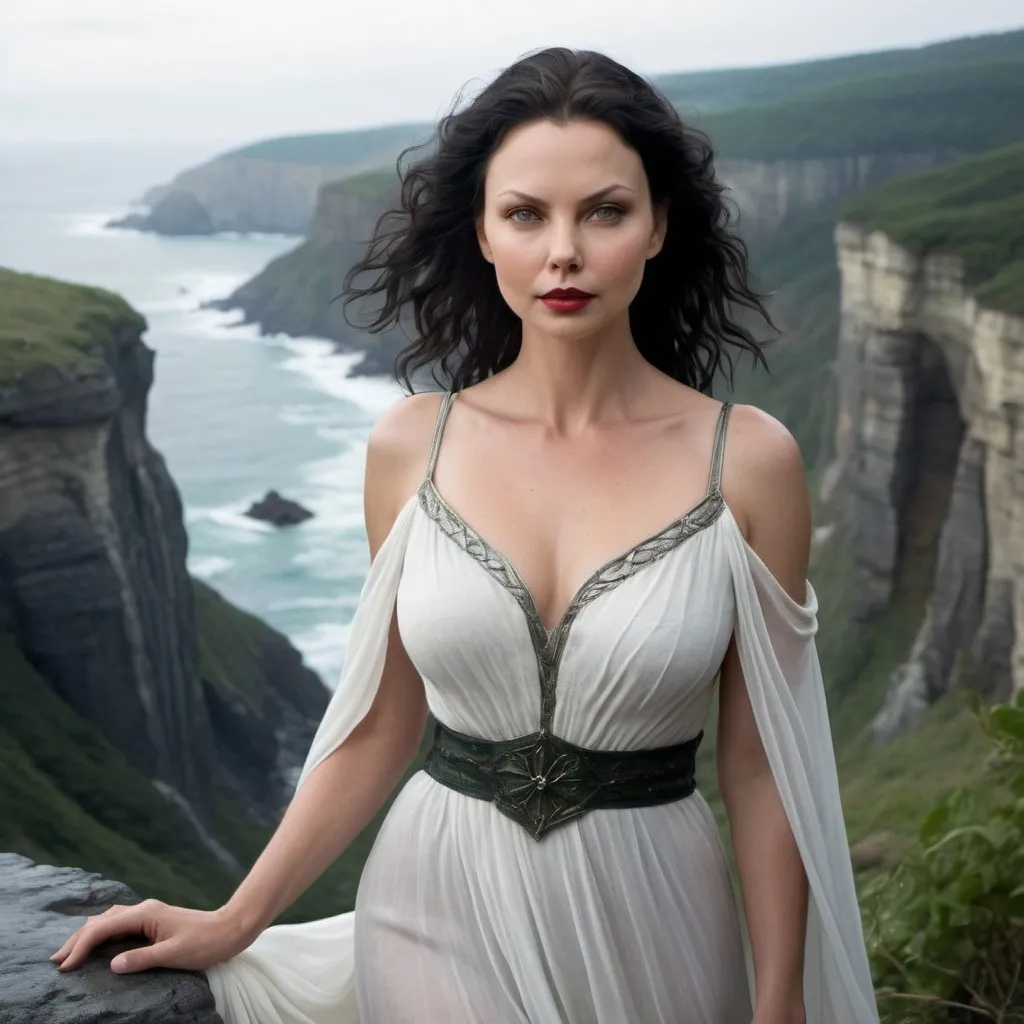 Prompt: Druidess, 23 years, mixed Ashley Judd and Charlize Theron face, serious look, whole body, transparent dress, over a cliff, with flowing black hair, brighting green eyes, red lips, white milk skin, rugged cliffs, high quality, detailed, fantasy, serene lighting, nature-inspired, flowing hair, enchanting smile, magical atmosphere, Lionel Royer style, black and white art