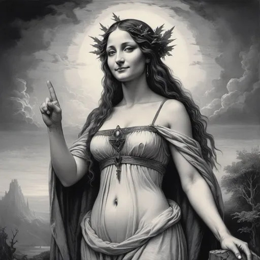Prompt: Druidess pointing left hand to the sky, Monalisa smile, in Gustave Dore style, black, grey and white