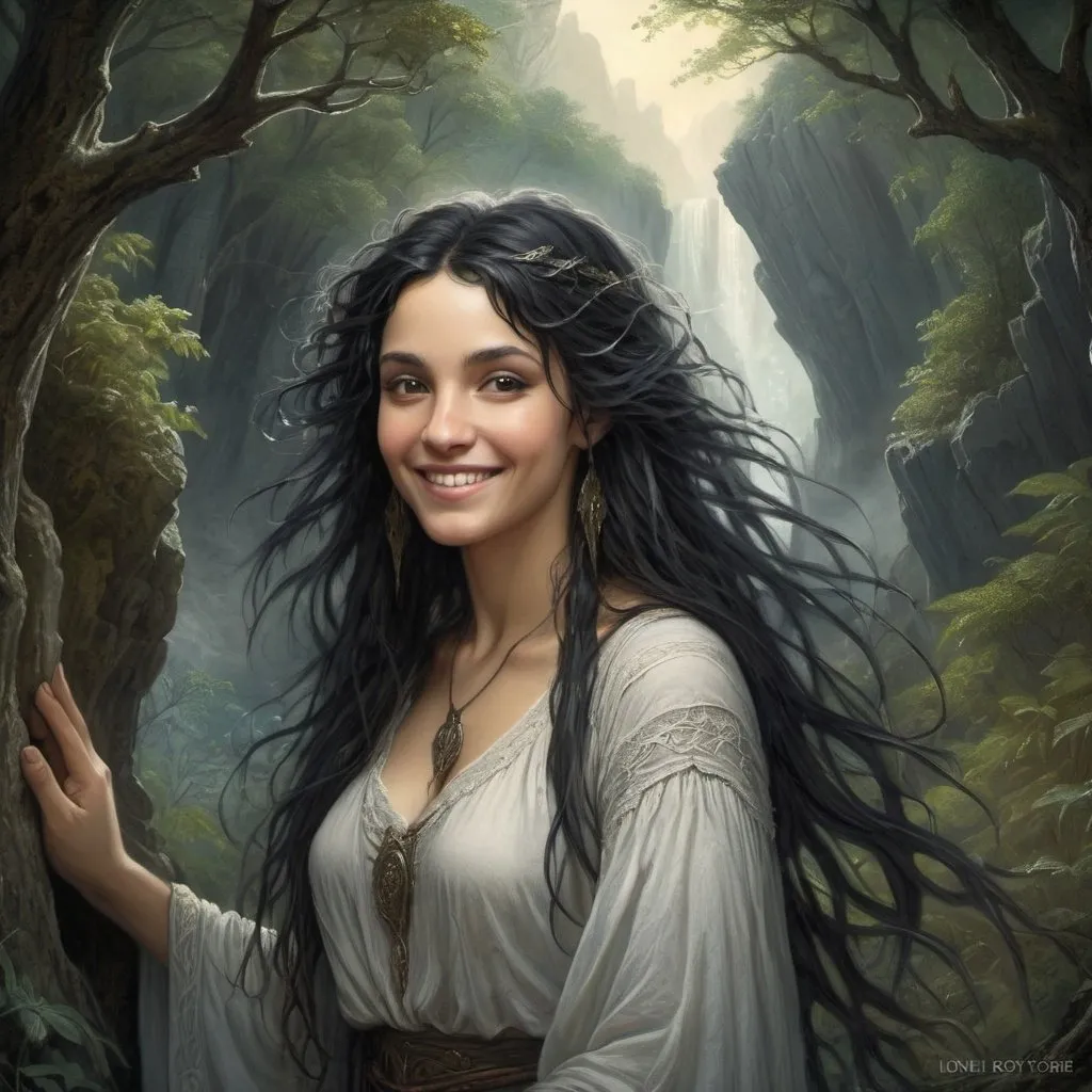 Prompt: Smiling druidess with flowing black hair, mystical forest backdrop, rugged cliffs, high quality, detailed, fantasy, serene lighting, nature-inspired, flowing hair, enchanting smile, magical atmosphere, Gustave Dore style, Lionel Royer style