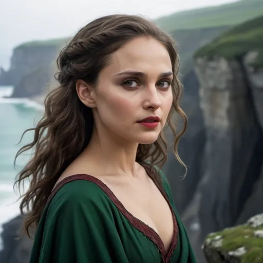 Prompt: Druidess, 23 years, Natalie Portman face, serious look, whole body, over a cliff, with flowing black hair, brighting green eyes, red lips, white milk skin, rugged cliffs, high quality, detailed, fantasy, serene lighting, nature-inspired, flowing hair, enchanting smile, magical atmosphere, Lionel Royer style