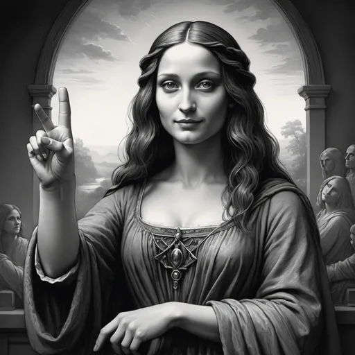 Prompt: Realism illustration of a druidess, pointing left hand to the sky, with a Mona Lisa smile, in Gustave Doré style, black, grey, and white, detailed hands, realistic facial features, classic art style, atmospheric lighting, high quality, realistic, detailed, Gustave Doré, druidess, pointing hand, Mona Lisa smile, black and white, grayscale, classic art, detailed hands, atmospheric lighting