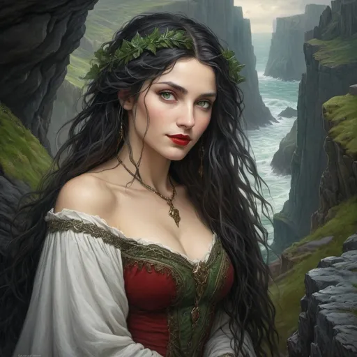 Prompt: Druidess, 23 years, cynical look, with flowing black hair, brighting green eyes, red lips, white milk skin, rugged cliffs, high quality, detailed, fantasy, serene lighting, nature-inspired, flowing hair, enchanting smile, magical atmosphere, Gustave Dore style, Lionel Royer style