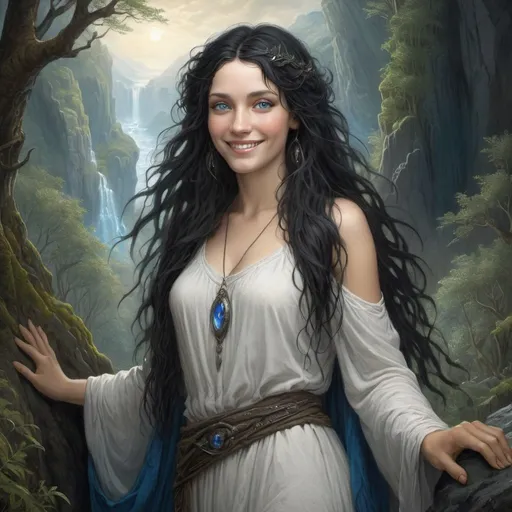 Prompt: Smiling druidess with flowing black hair, blue eyes, white milk skin, mystical forest backdrop, rugged cliffs, high quality, detailed, fantasy, serene lighting, nature-inspired, flowing hair, enchanting smile, magical atmosphere, Gustave Dore style, Lionel Royer style