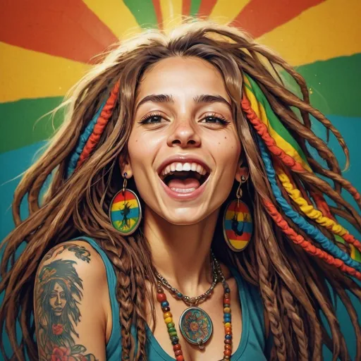 Prompt: Crazy hippie girl singing Bob Marley, tattooed, piercing, vibrant and colorful, high quality, digital art, bohemian style, detailed tattoos, joyful expression, retro vibes, psychedelic colors, long flowing hair, expressive eyes, relaxed and carefree, artistic, vibrant lighting, hippie culture, detailed facial features