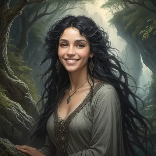 Prompt: Smiling druidess with flowing black hair, mystical forest backdrop, rugged cliffs, high quality, detailed, fantasy, serene lighting, nature-inspired, flowing hair, enchanting smile, magical atmosphere, Gustave Dore style, Lionel Royer style